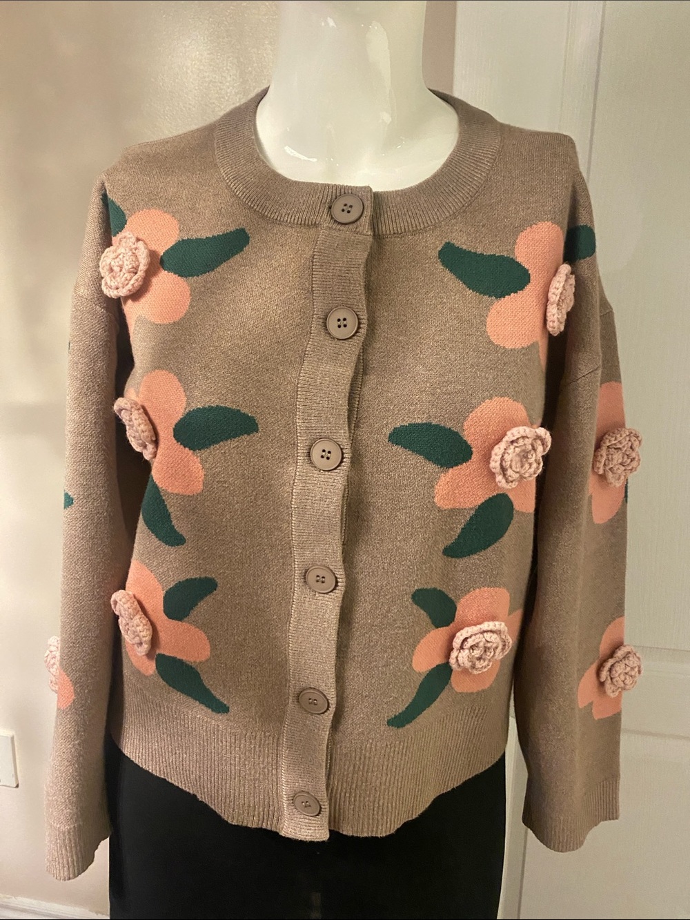 Love By Design Cardigan with Crochet Flowers L